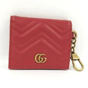 Gucci Card Case Wallet Business GG Marmont Key Ring Leather Red